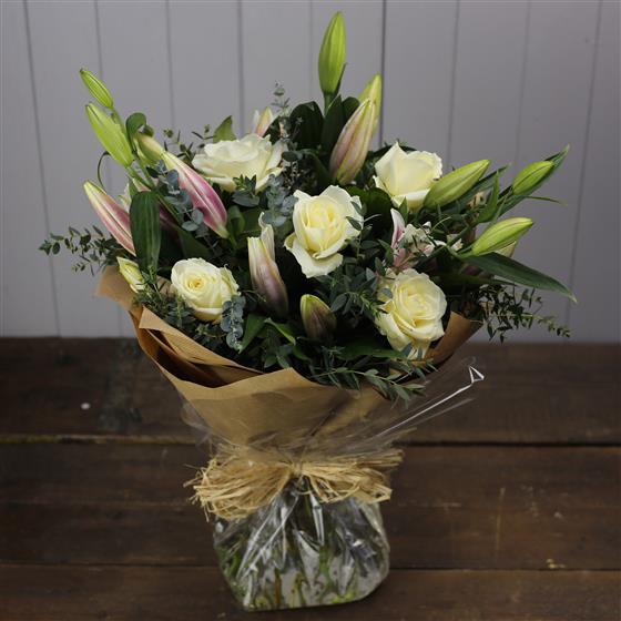 oriental lily and white rose bouquet